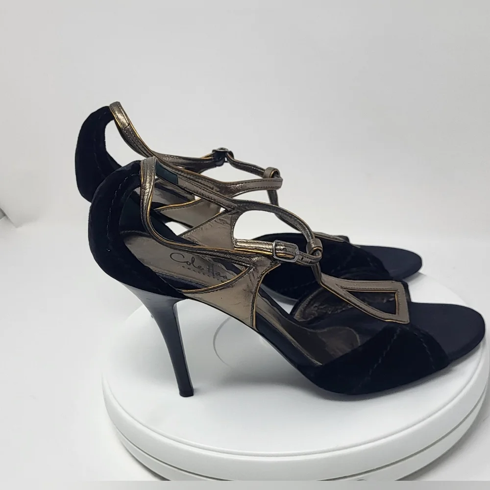 Cole Haan Black Velvet & Brassy Gold Open Toe Stilletto T-Strap Heels - Picture 6 of 16